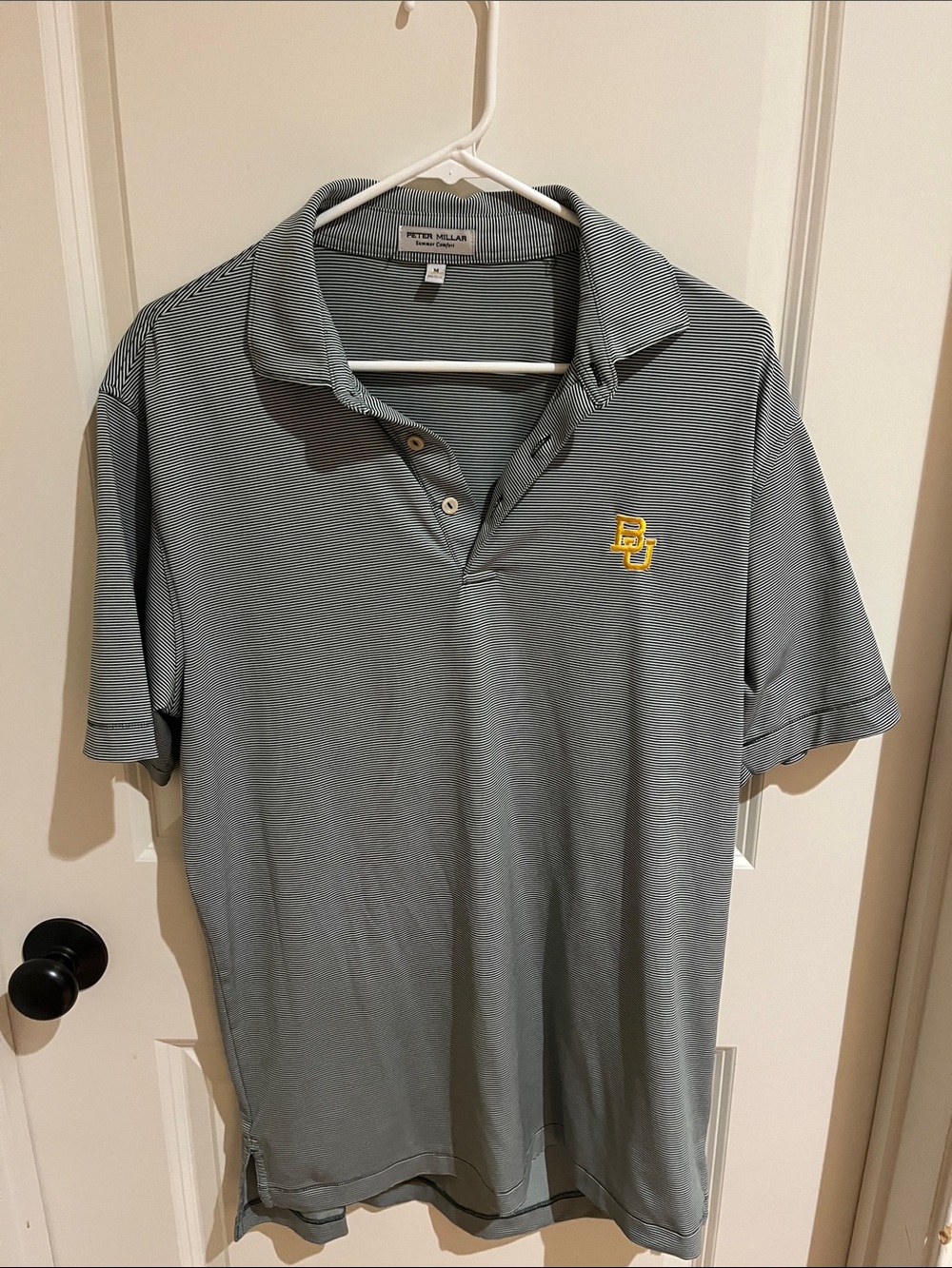 Peter Millar Summer Comfort Men's Green Striped Polo with Baylor Logo